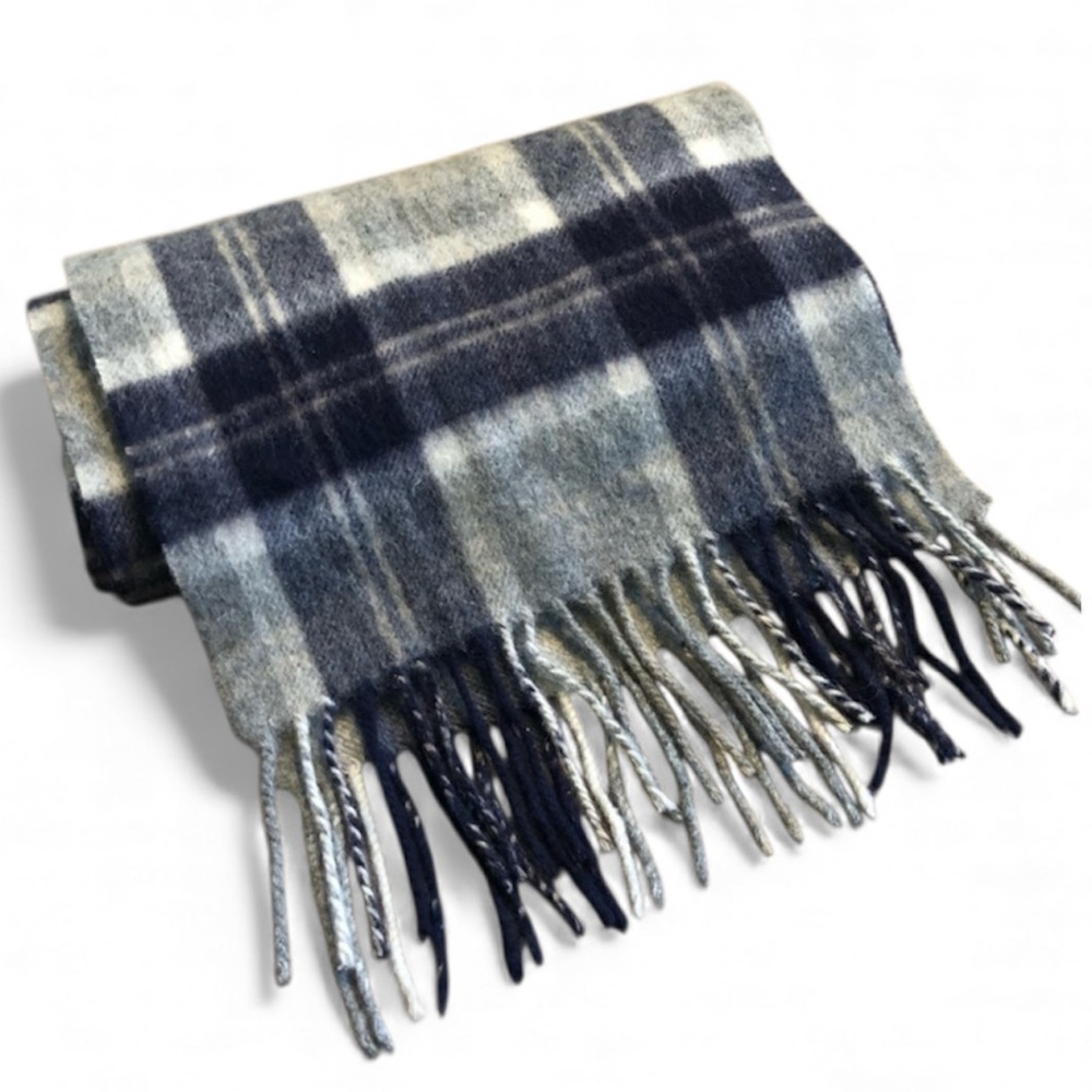 Hogarth 100% Lambswool Scarf - Scotland - Navy Blue Gray White Cream Plaid